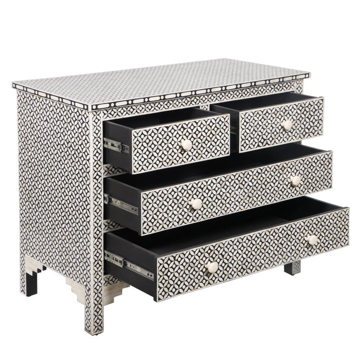 Bone Inlay 4 Drawer Chest of Drawers - Black Geometric - Abacus and Hunt LLC