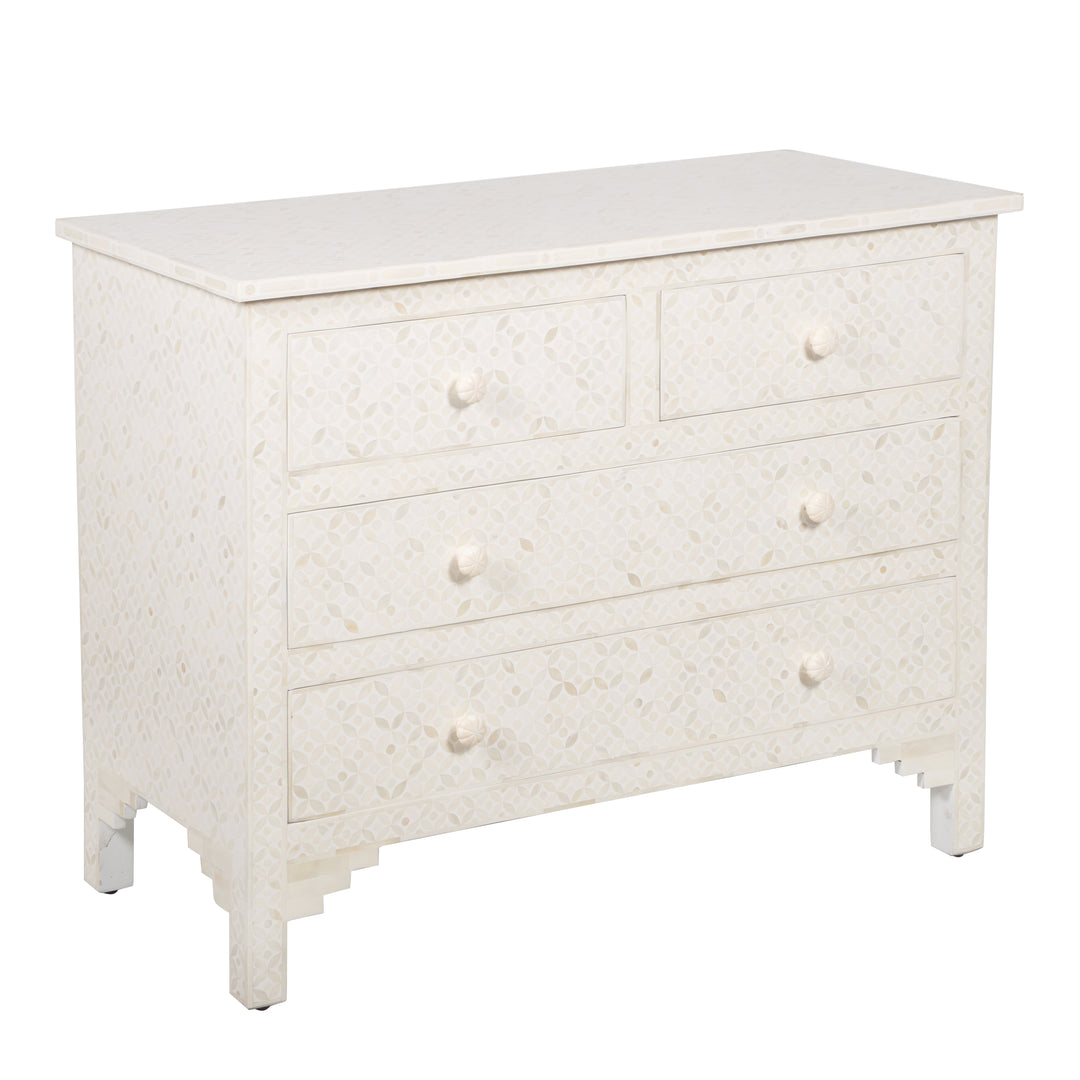 Bone Inlay 4 Drawer Chest of Drawers - White Geometric - Abacus and Hunt LLC