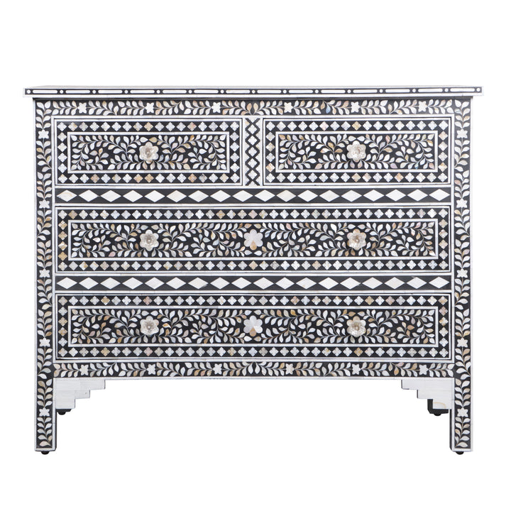 Mother of Pearl Inlay 4 Drawer Chest of Drawers - Black Floral - Abacus and Hunt LLC