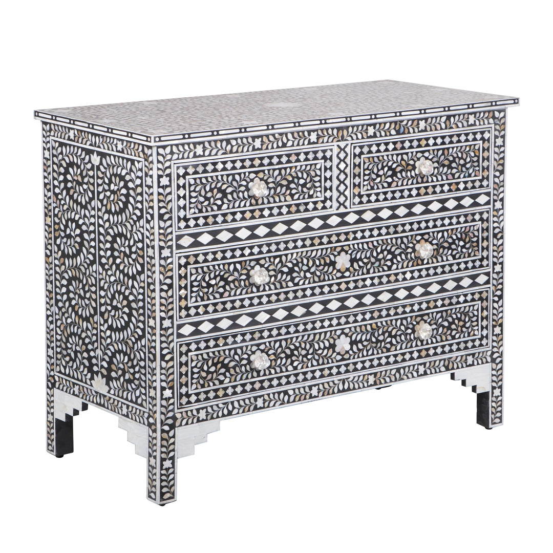 Mother of Pearl Inlay 4 Drawer Chest of Drawers - Black Floral - Abacus and Hunt LLC