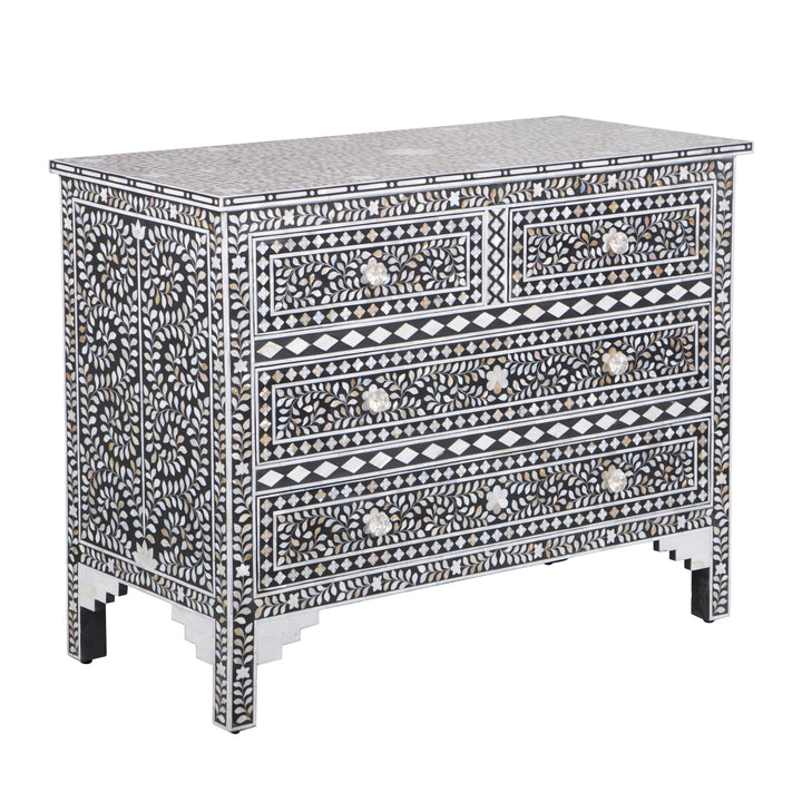 Mother of Pearl Inlay 4 Drawer Chest of Drawers - Black Floral - Abacus and Hunt LLC
