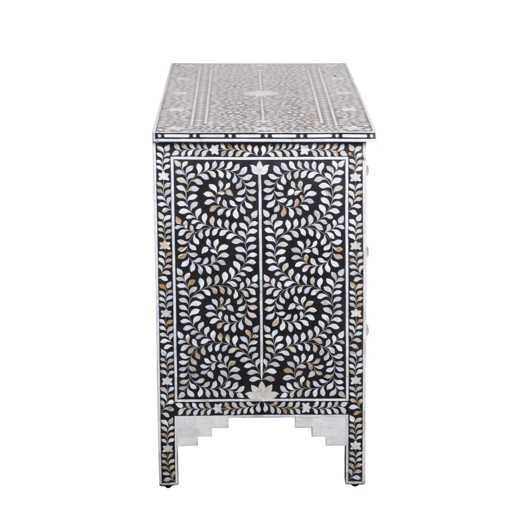 Mother of Pearl Inlay 4 Drawer Chest of Drawers - Black Floral - Abacus and Hunt LLC