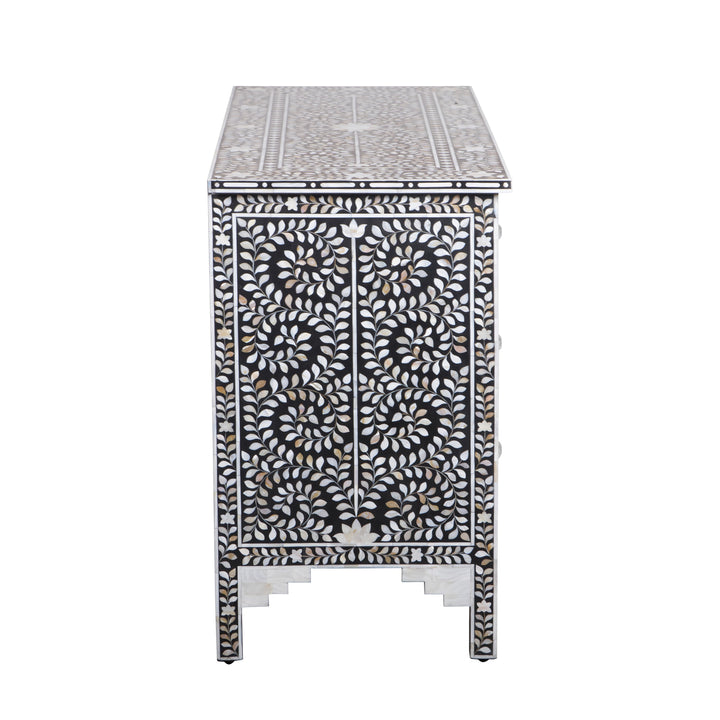 Mother of Pearl Inlay 4 Drawer Chest of Drawers - Black Floral - Abacus and Hunt LLC
