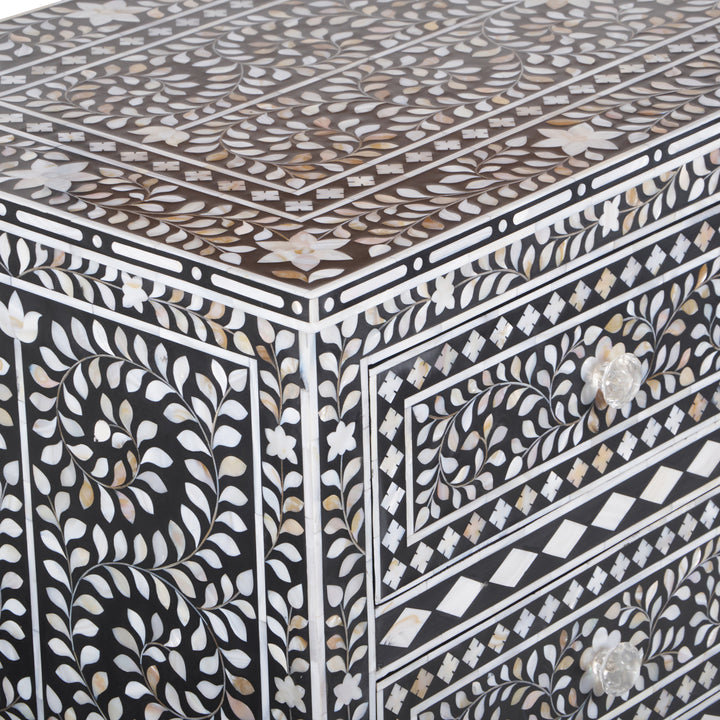 Mother of Pearl Inlay 4 Drawer Chest of Drawers - Black Floral - Abacus and Hunt LLC