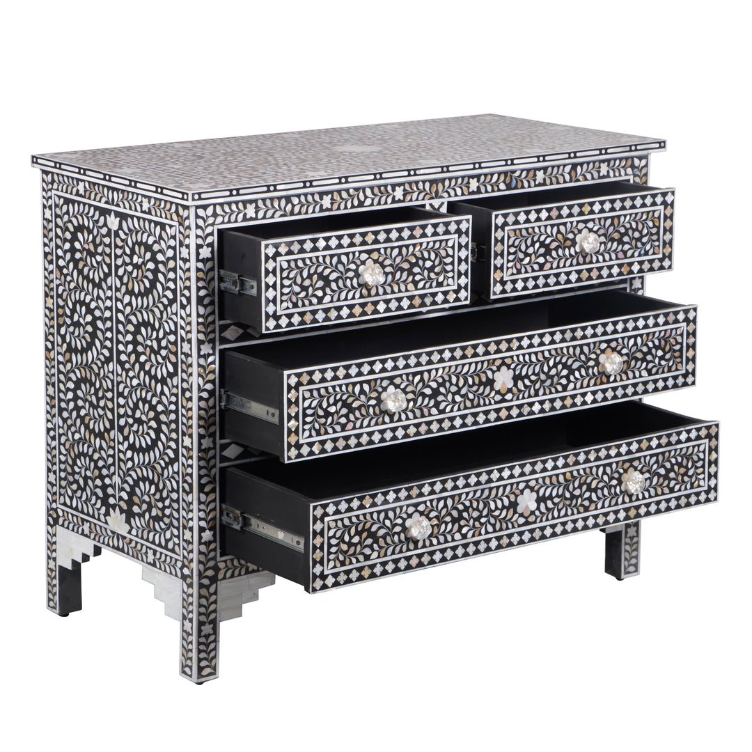 Mother of Pearl Inlay 4 Drawer Chest of Drawers - Black Floral - Abacus and Hunt LLC