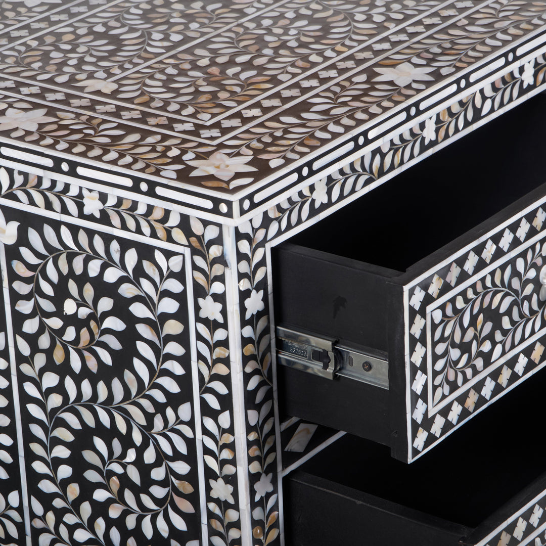 Mother of Pearl Inlay 4 Drawer Chest of Drawers - Black Floral - Abacus and Hunt LLC