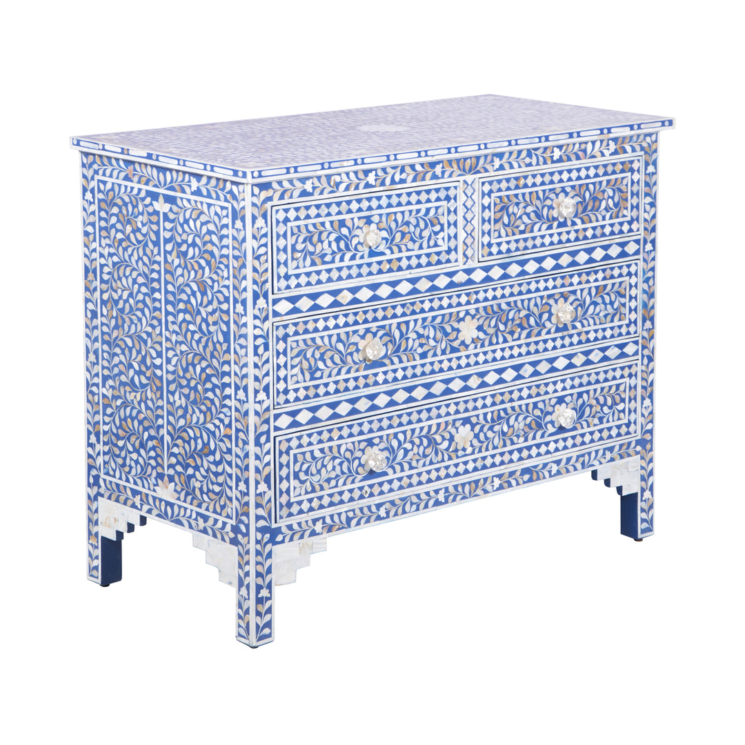 Mother of Pearl Inlay 4 Drawer Chest of Drawers - Blue Floral - Abacus and Hunt LLC