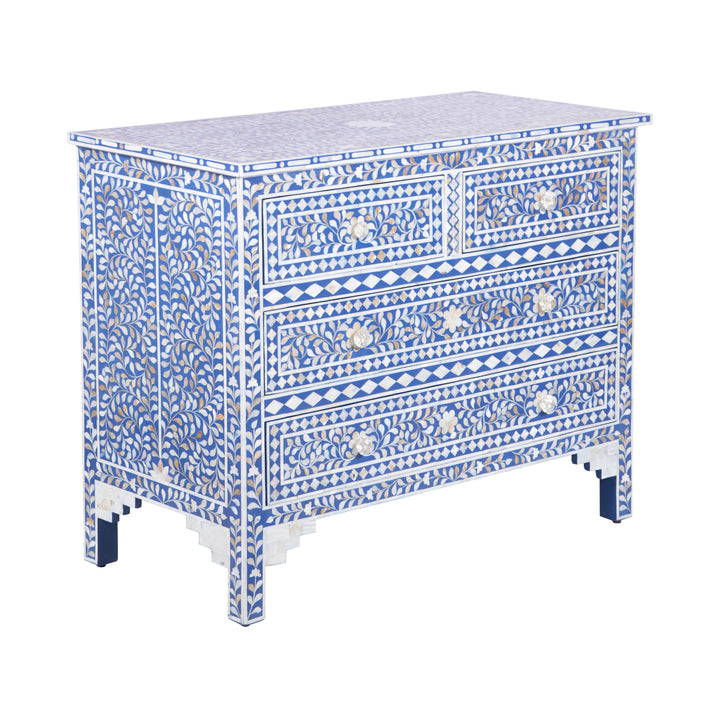 Mother of Pearl Inlay 4 Drawer Chest of Drawers - Blue Floral - Abacus and Hunt LLC