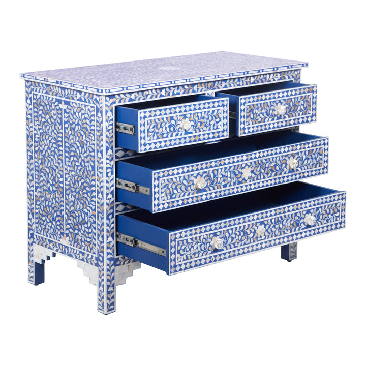 Mother of Pearl Inlay 4 Drawer Chest of Drawers - Blue Floral - Abacus and Hunt LLC