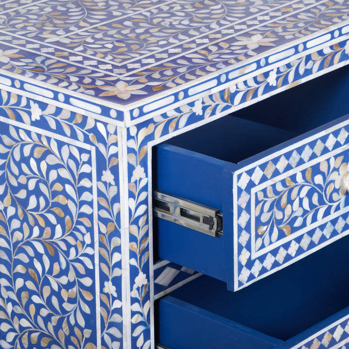 Mother of Pearl Inlay 4 Drawer Chest of Drawers - Blue Floral - Abacus and Hunt LLC