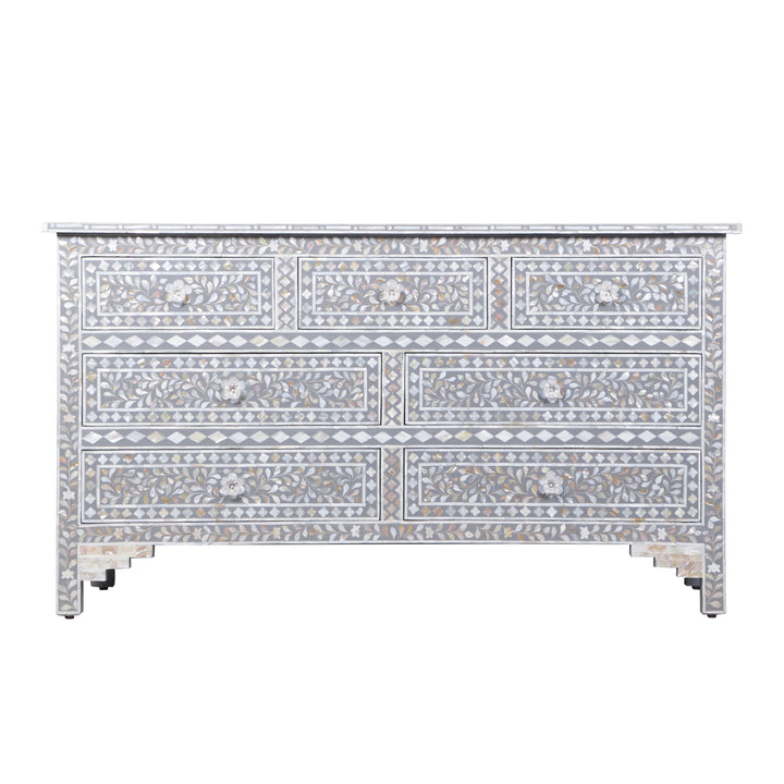 Mother of Pearl Inlay 7 Drawer Dresser - Mid Grey Floral