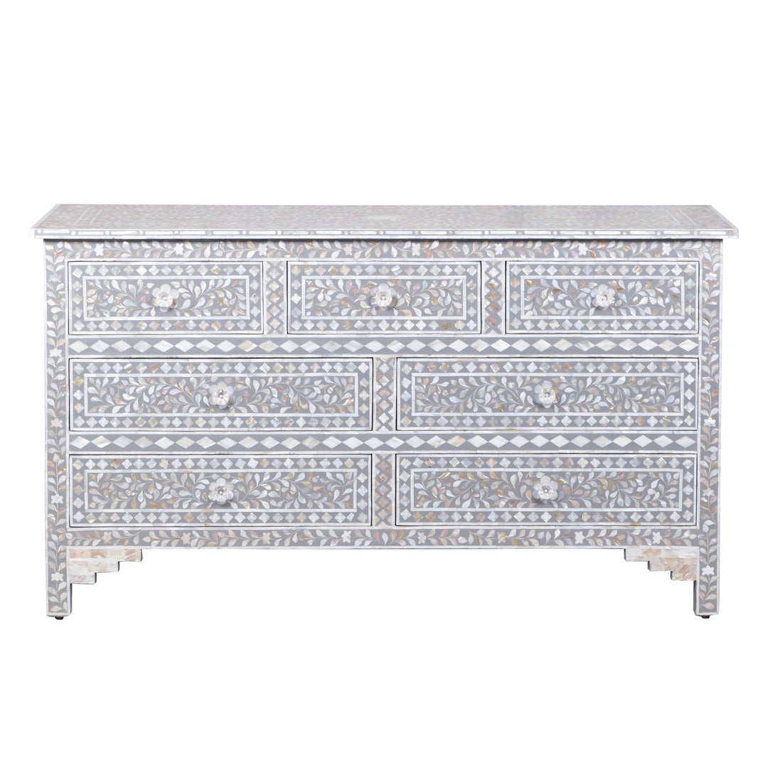Mother of Pearl Inlay 7 Drawer Dresser - Mid Grey Floral