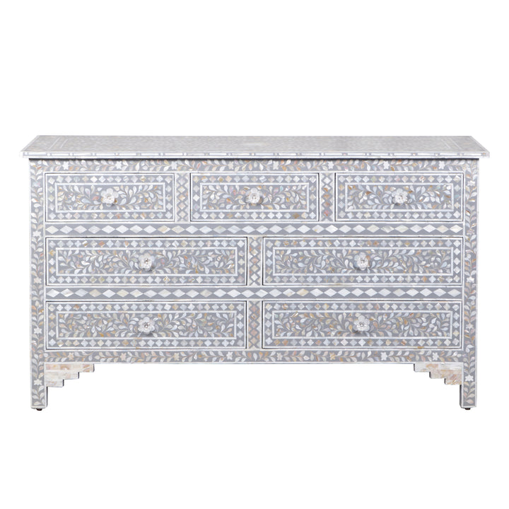 Mother of Pearl Inlay 7 Drawer Dresser - Mid Grey Floral