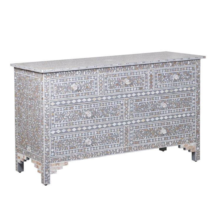 Mother of Pearl Inlay 7 Drawer Dresser - Mid Grey Floral