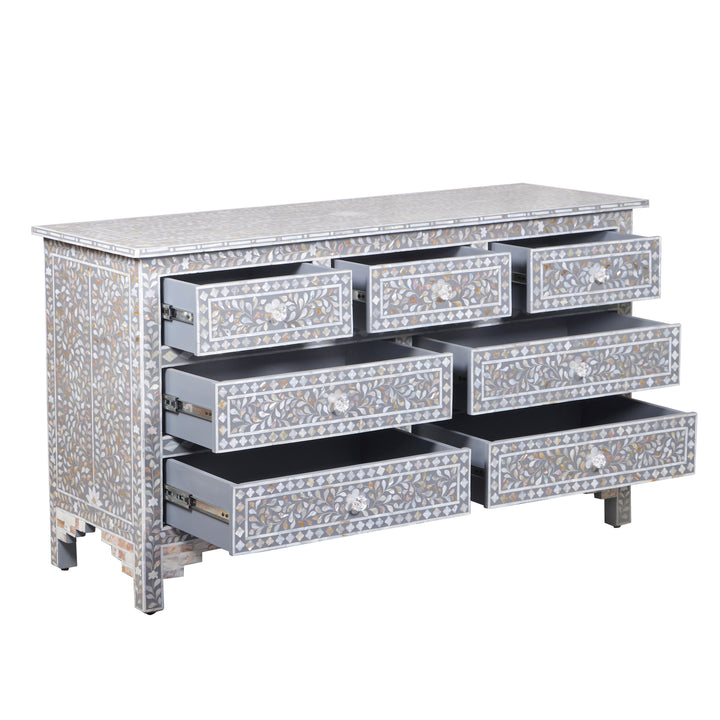 Mother of Pearl Inlay 7 Drawer Dresser - Mid Grey Floral