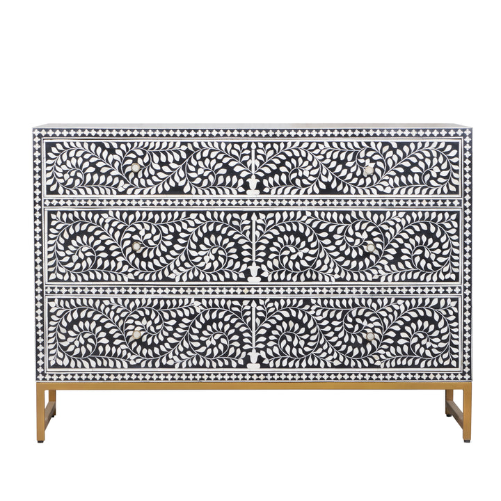 Bone Inlay 3 Drawer Dresser - Black Floral