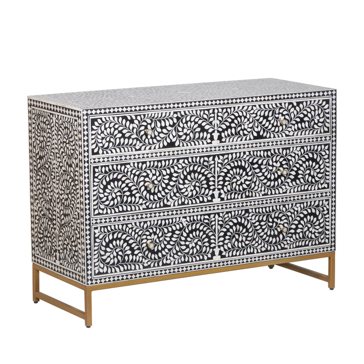 Bone Inlay 3 Drawer Dresser - Black Floral