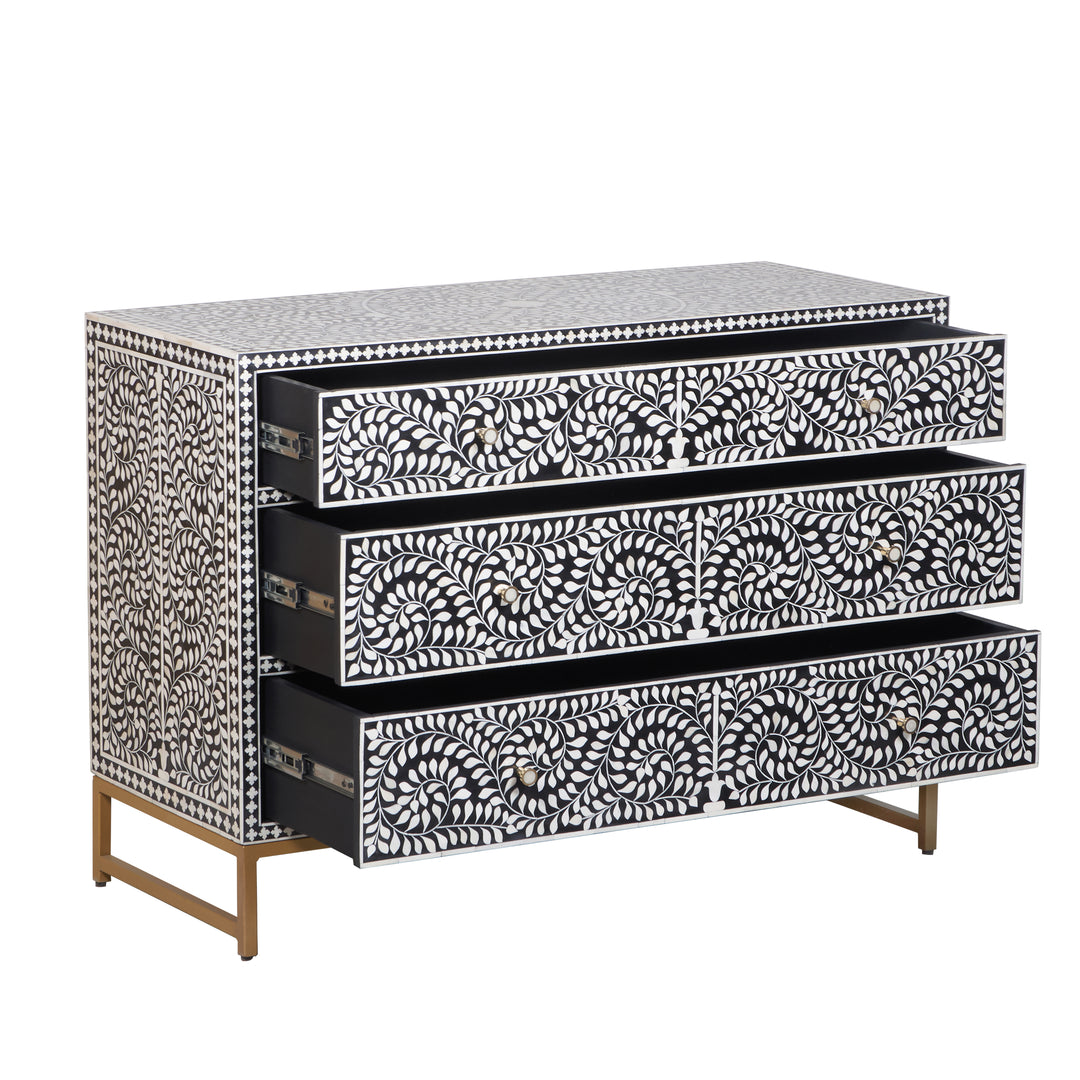 Bone Inlay 3 Drawer Dresser - Black Floral