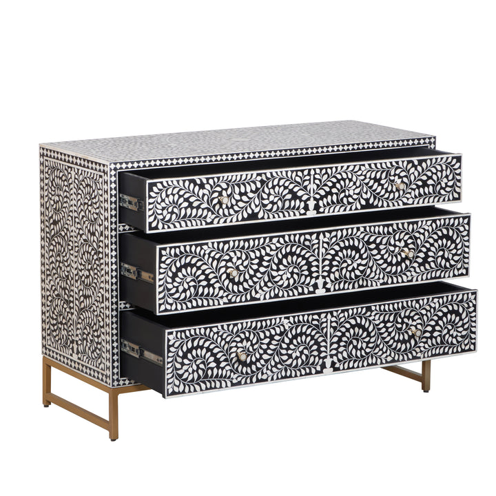 Bone Inlay 3 Drawer Dresser - Black Floral