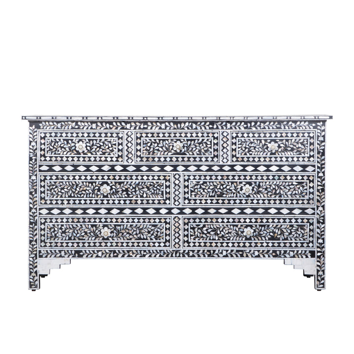 Mother of Pearl Inlay 7 Drawer Dresser - Black Floral