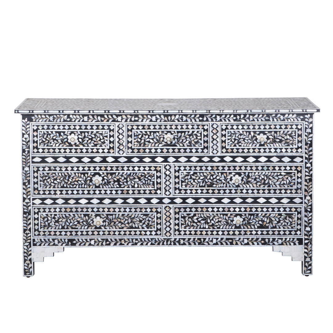 Mother of Pearl Inlay 7 Drawer Dresser - Black Floral