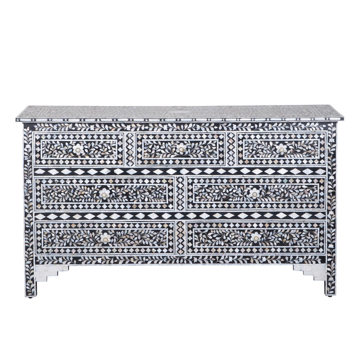 Mother of Pearl Inlay 7 Drawer Dresser - Black Floral