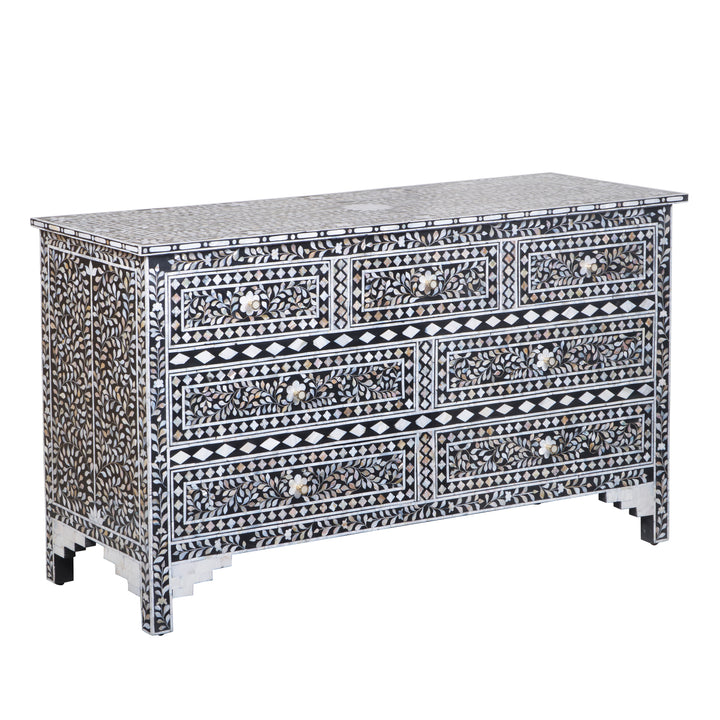 Mother of Pearl Inlay 7 Drawer Dresser - Black Floral