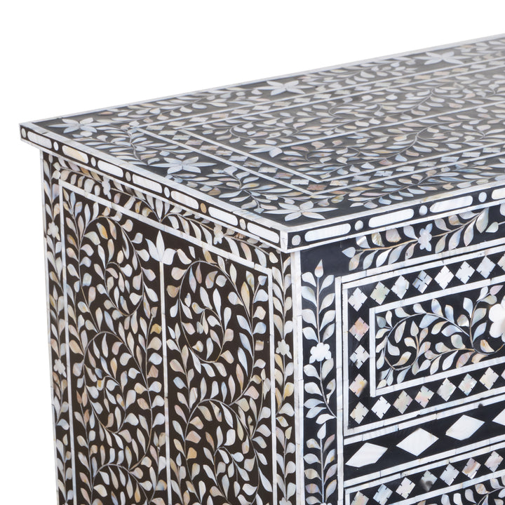 Mother of Pearl Inlay 7 Drawer Dresser - Black Floral