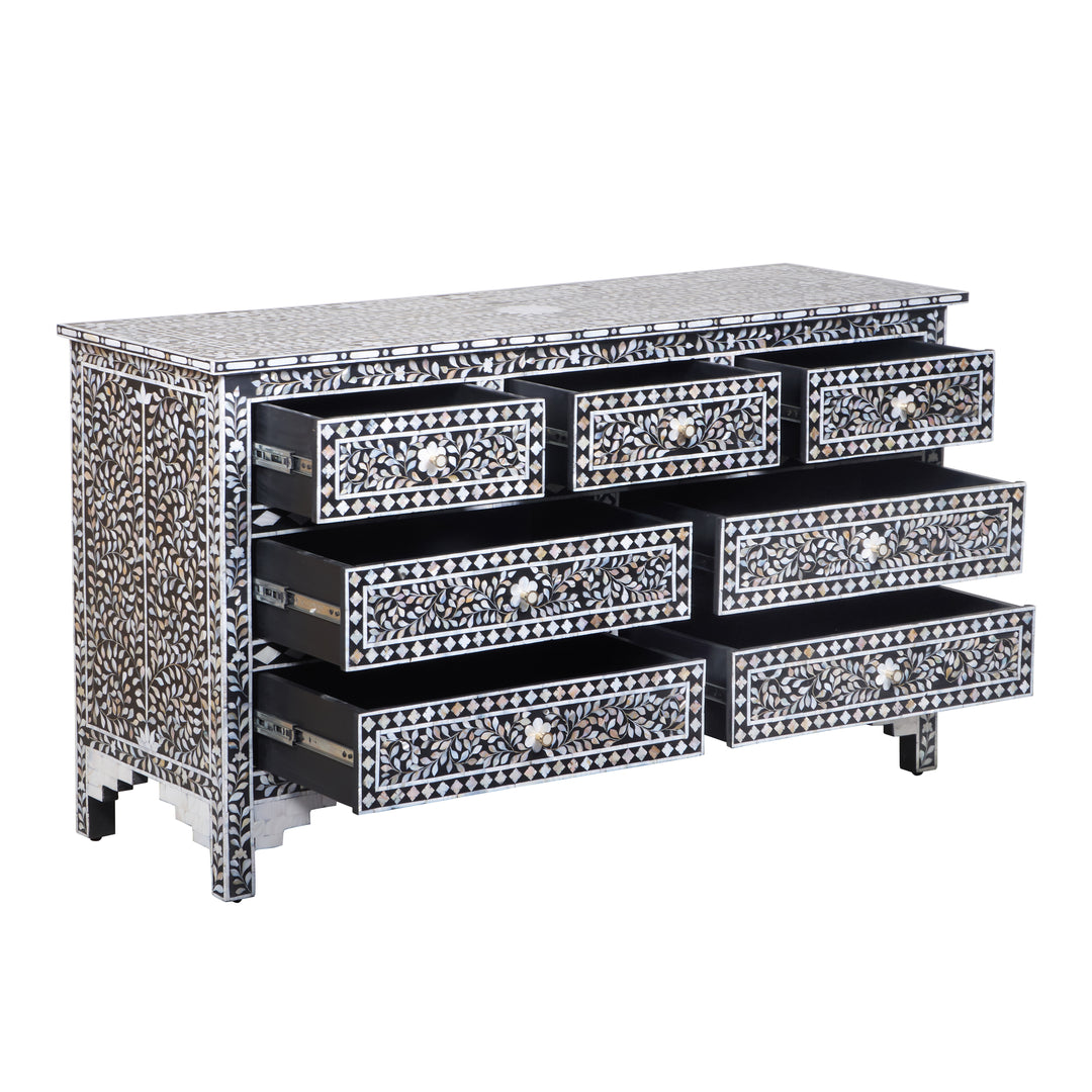 Mother of Pearl Inlay 7 Drawer Dresser - Black Floral