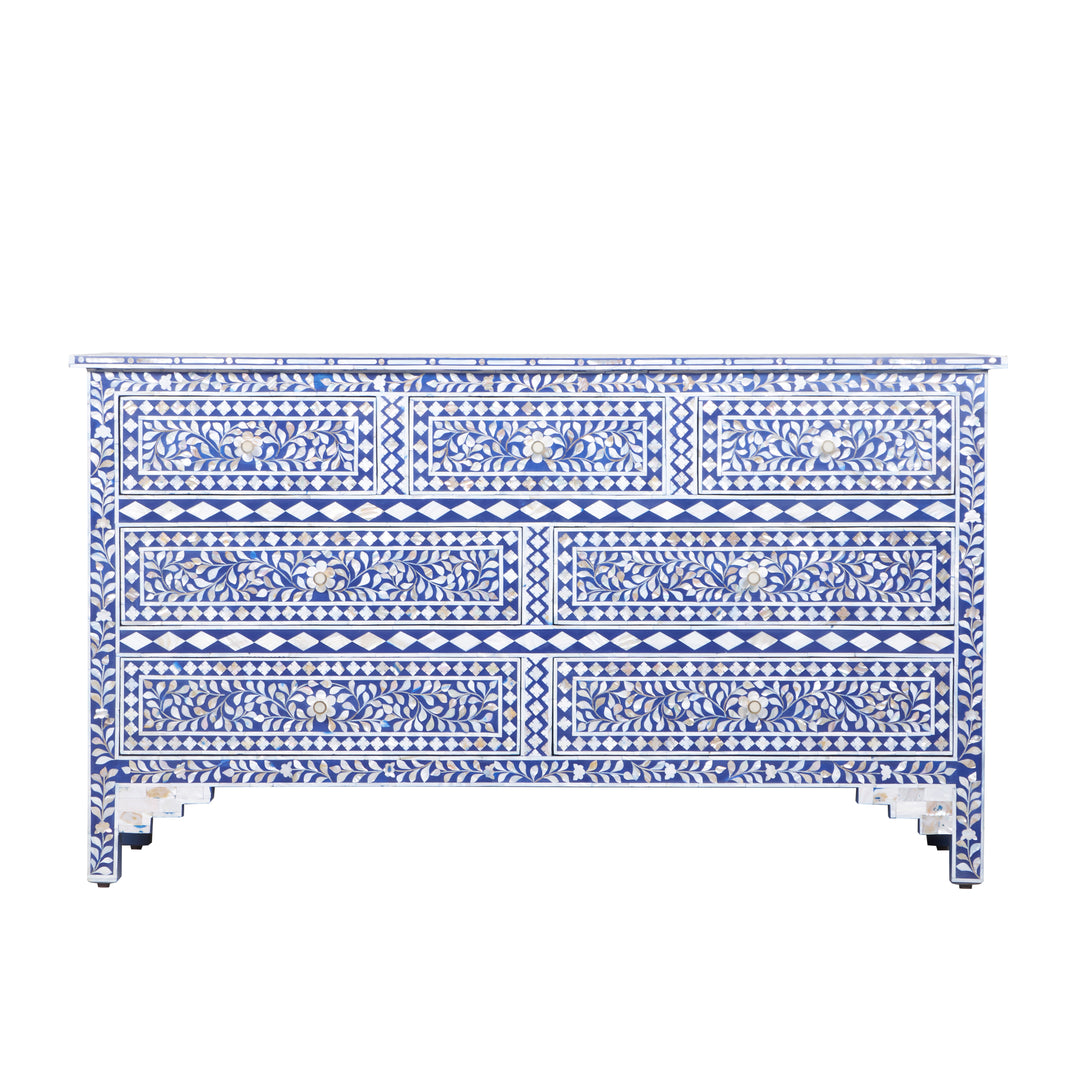 Mother of Pearl Inlay 7 Drawer Dresser - Indigo Blue Floral Abacus and Hunt Mother of Pearl Inlay 7 Drawer Dresser - Indigo Blue Floral Abacus and Hunt