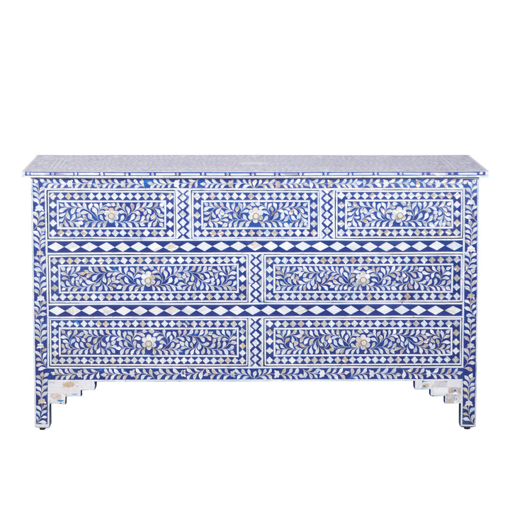 Mother of Pearl Inlay 7 Drawer Dresser - Indigo Blue Floral