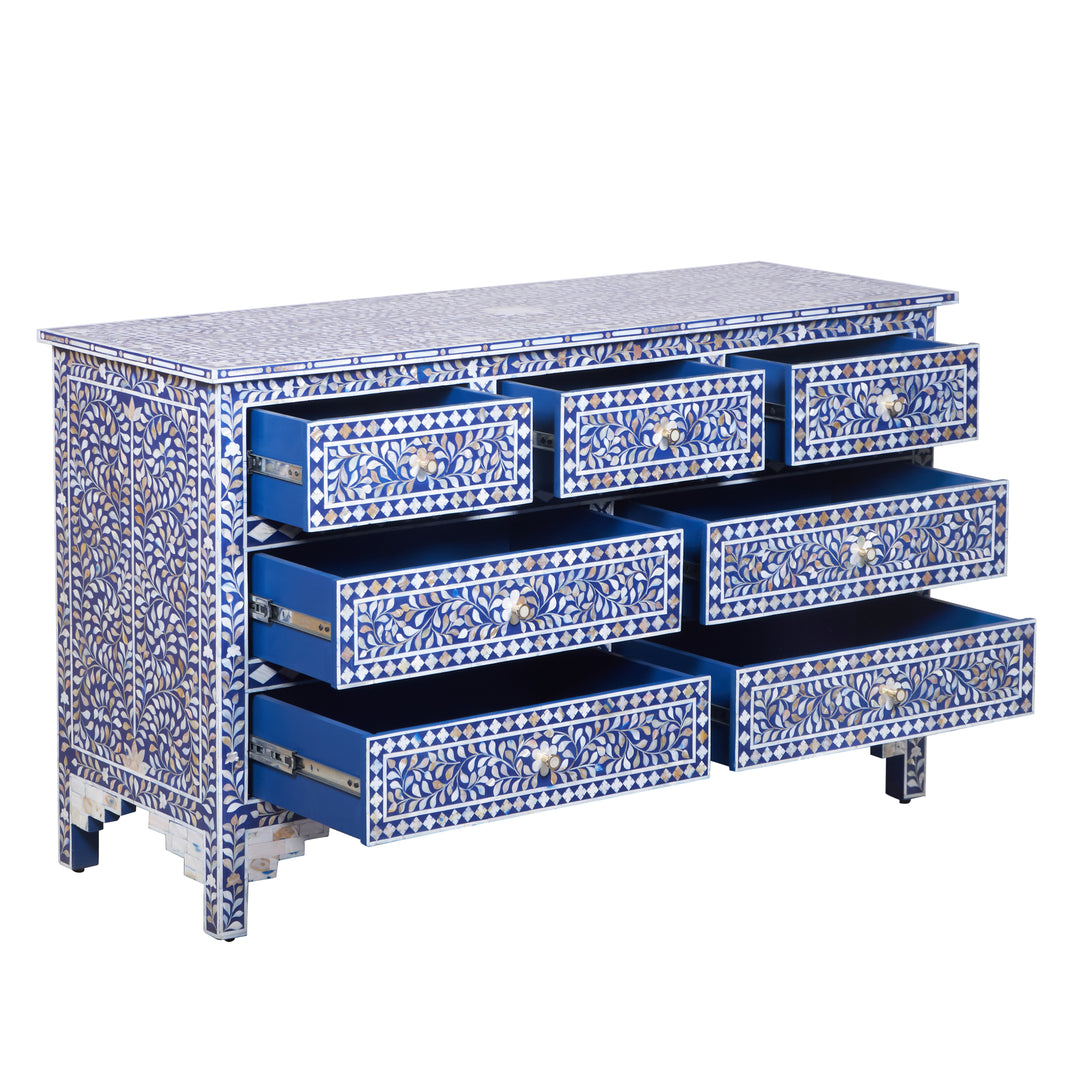 Mother of Pearl Inlay 7 Drawer Dresser - Indigo Blue Floral