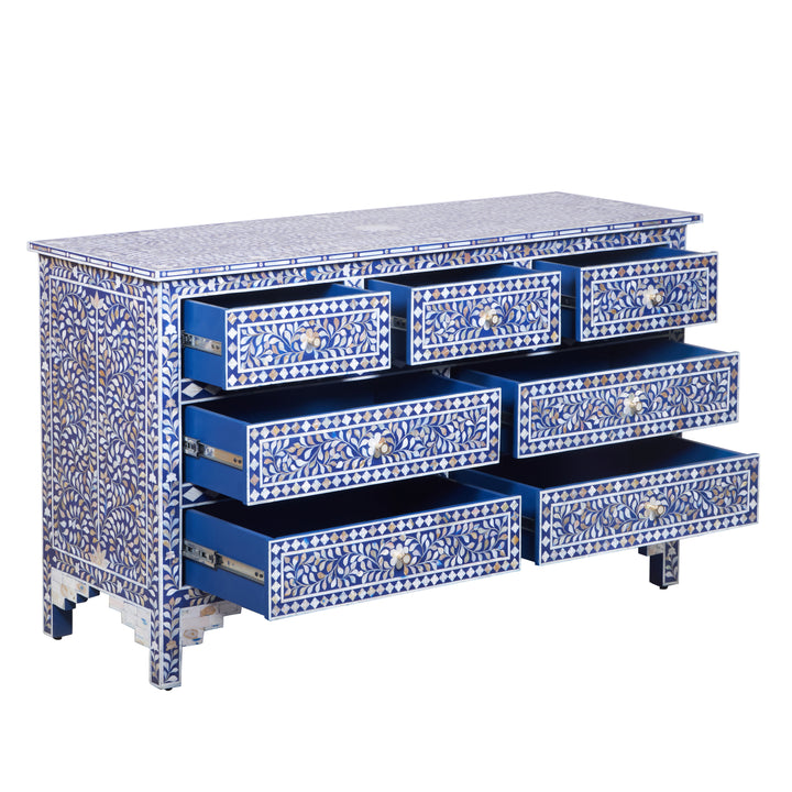 Mother of Pearl Inlay 7 Drawer Dresser - Indigo Blue Floral