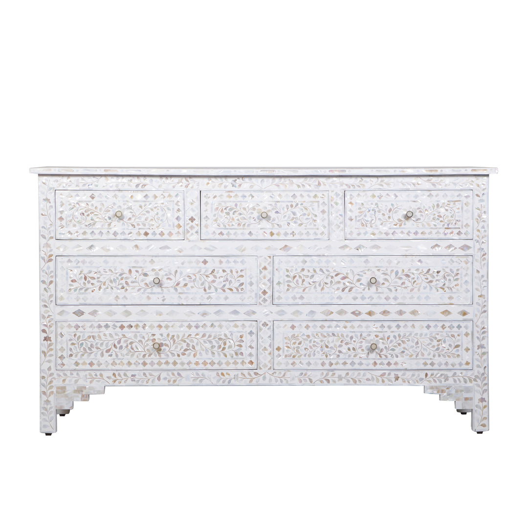 Mother of Pearl Inlay 7 Drawer Dresser - White Floral