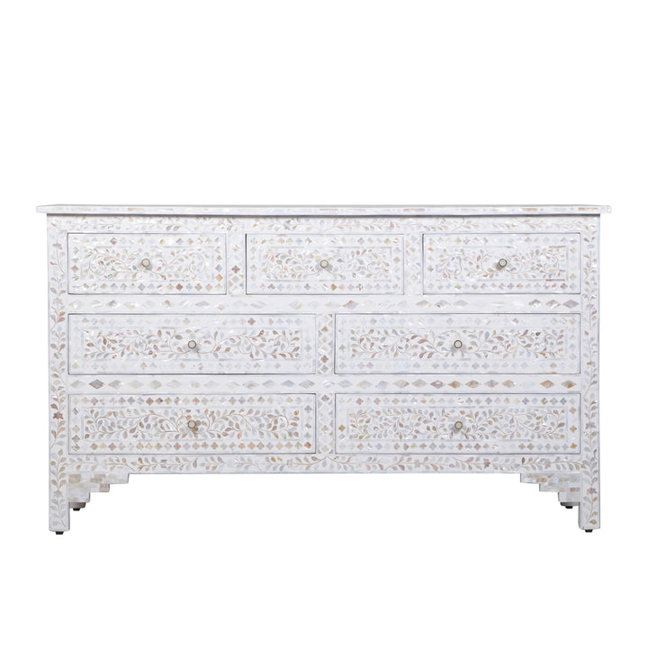 Mother of Pearl Inlay 7 Drawer Dresser - White Floral