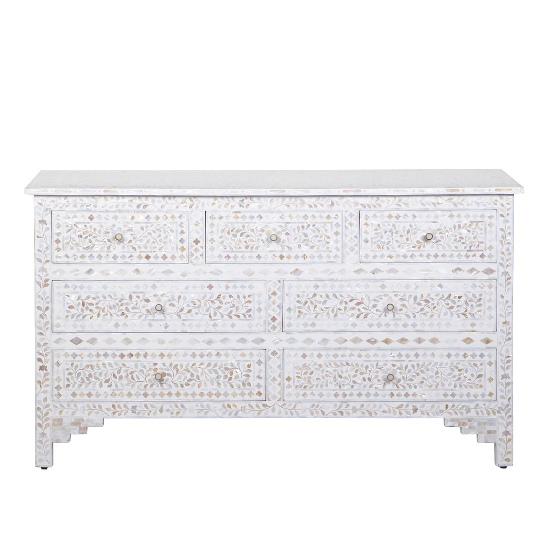Mother of Pearl Inlay 7 Drawer Dresser - White Floral