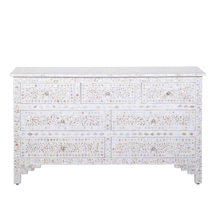 Mother of Pearl Inlay 7 Drawer Dresser - White Floral