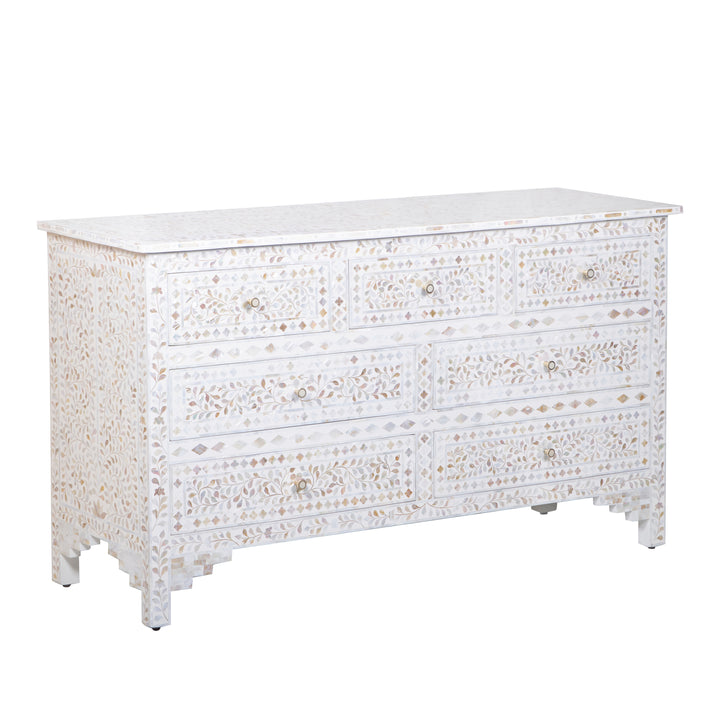 Mother of Pearl Inlay 7 Drawer Dresser - White Floral