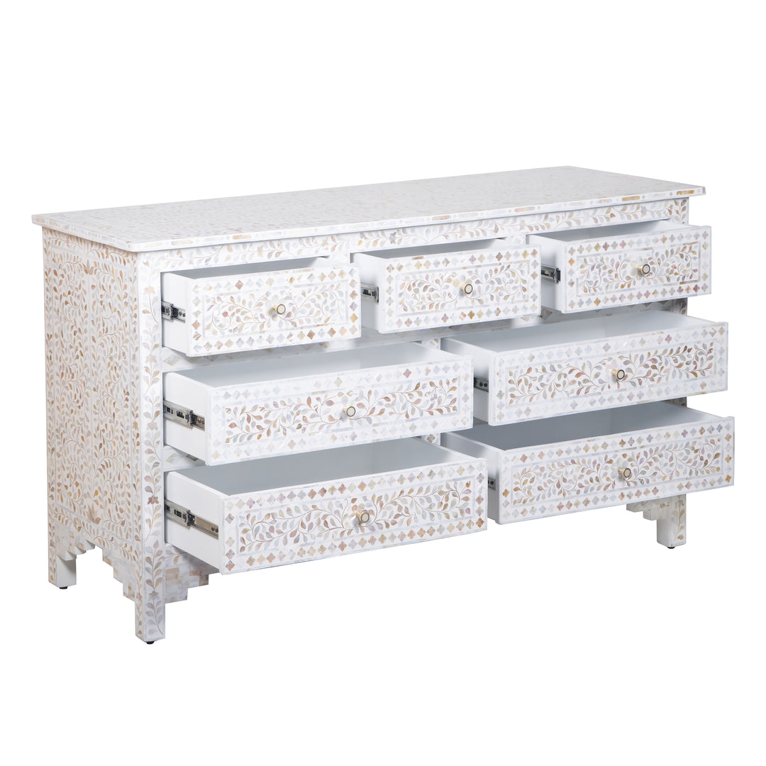 Mother of Pearl Inlay 7 Drawer Dresser - White Floral