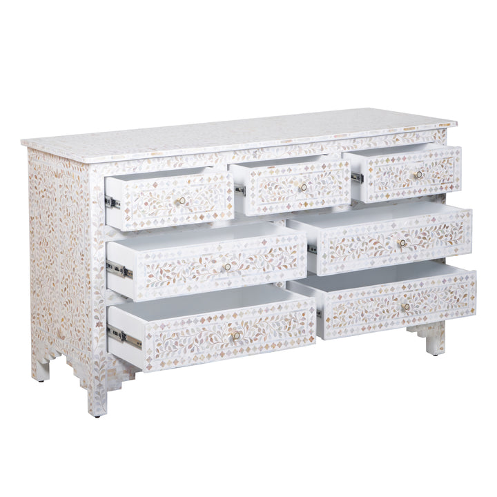 Mother of Pearl Inlay 7 Drawer Dresser - White Floral