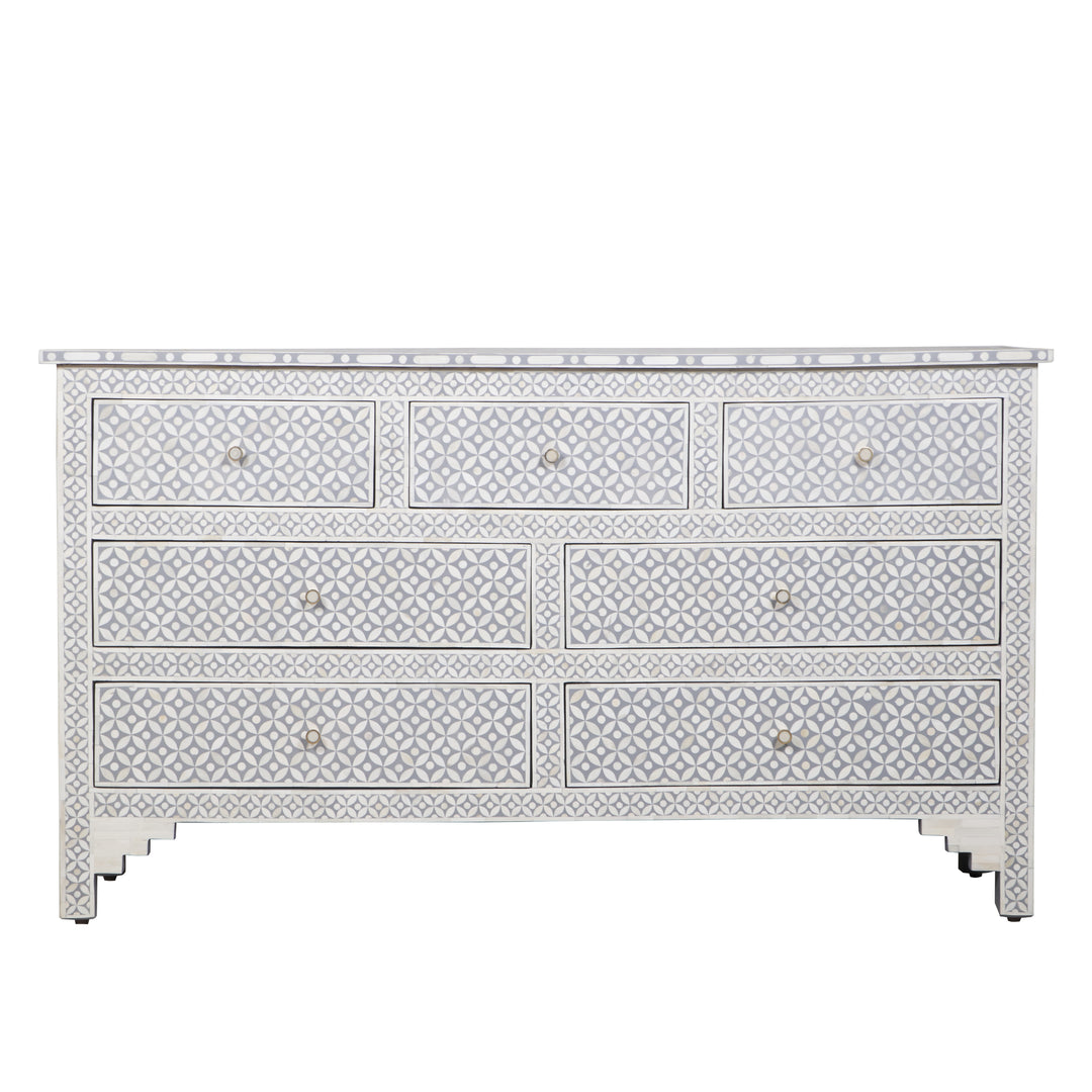 grey bone inlay dresser Bone Inlay Floral 3 Drawer Dresser in Dove Grey Resin with Metal Sliders, Customizable