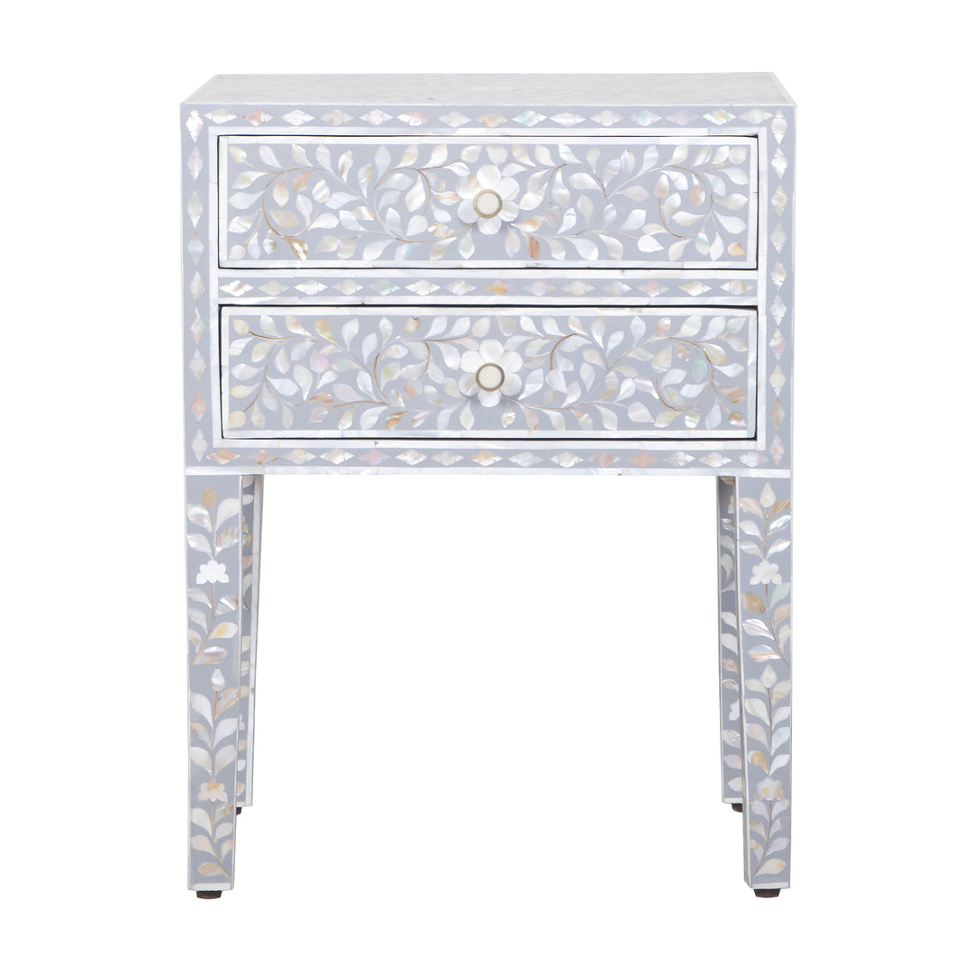 Mother of Pearl Inlay 2 Drawer Nightstand - Grey Floral