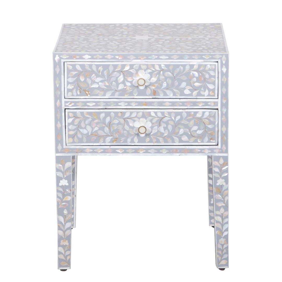 Mother of Pearl Inlay 2 Drawer Nightstand - Grey Floral