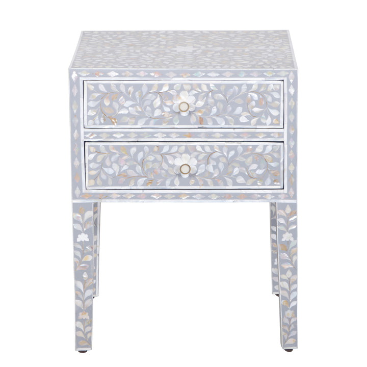 Mother of Pearl Inlay 2 Drawer Nightstand - Grey Floral