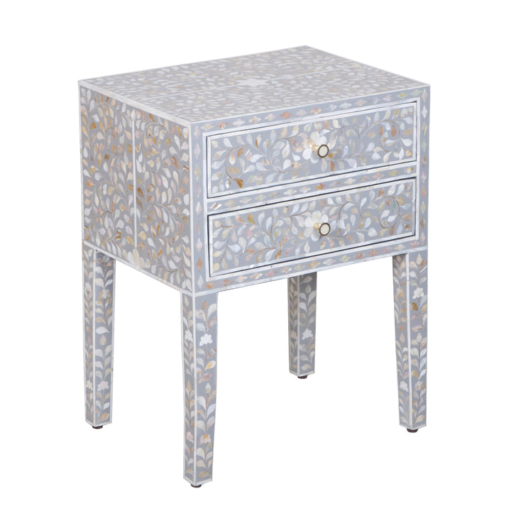 Mother of Pearl Inlay 2 Drawer Nightstand - Grey Floral