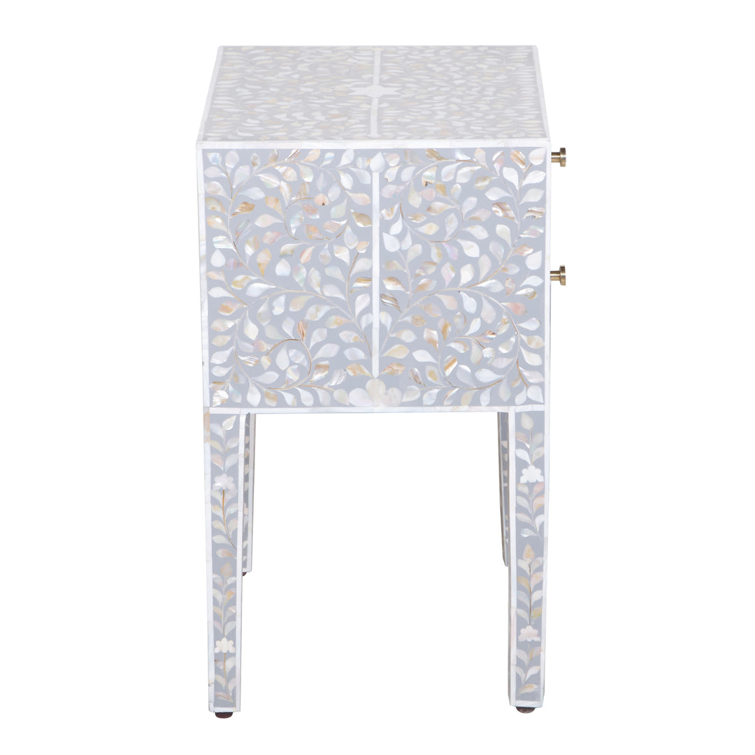 Mother of Pearl Inlay 2 Drawer Nightstand - Grey Floral
