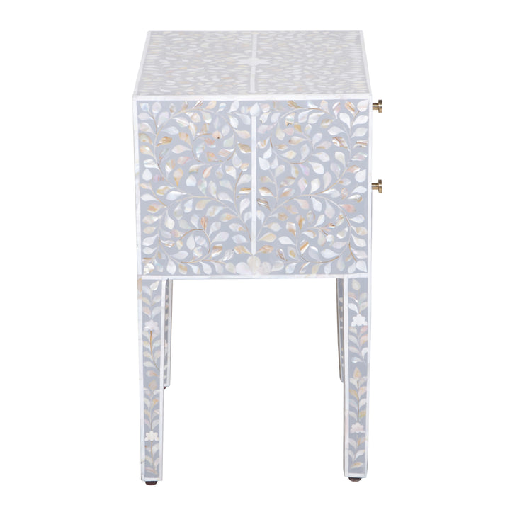 Mother of Pearl Inlay 2 Drawer Nightstand - Grey Floral