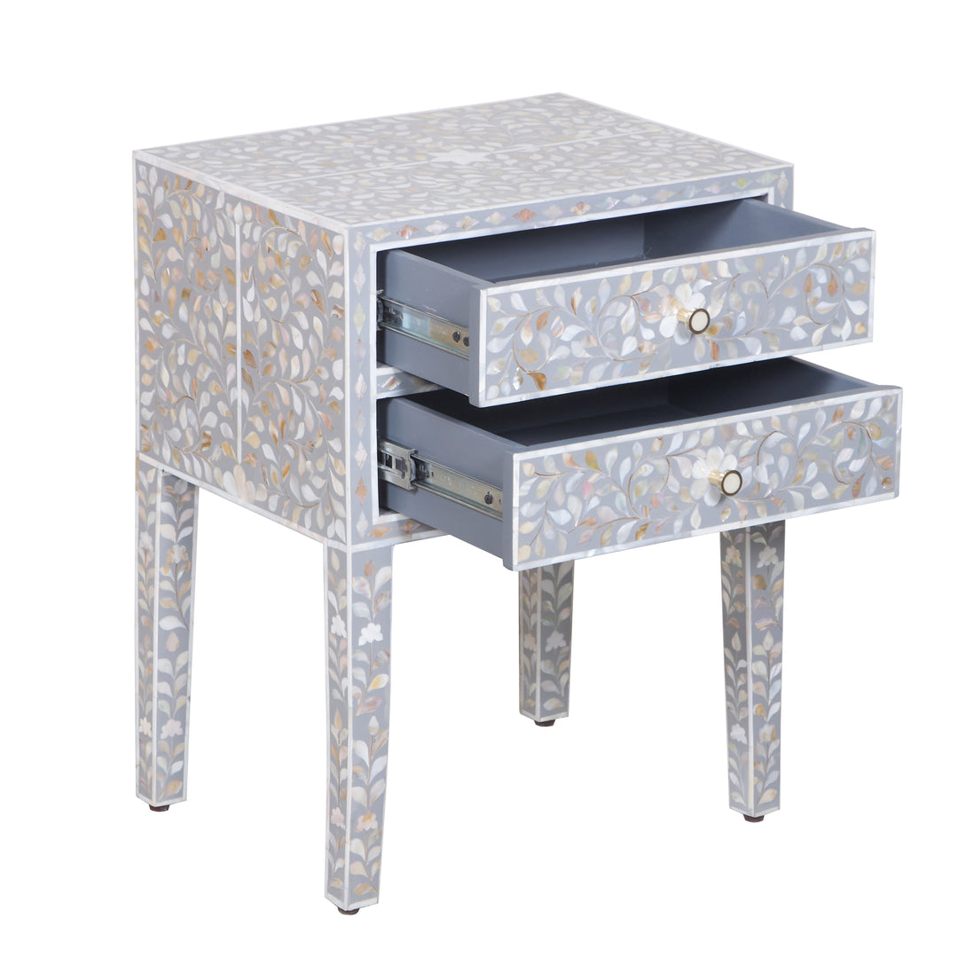 Mother of Pearl Inlay 2 Drawer Nightstand - Grey Floral