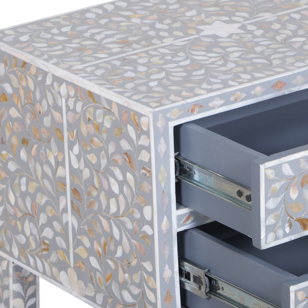 Mother of Pearl Inlay 2 Drawer Nightstand - Grey Floral