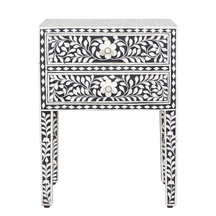 Bone Inlay 2 Drawer Nightstand - Black Floral